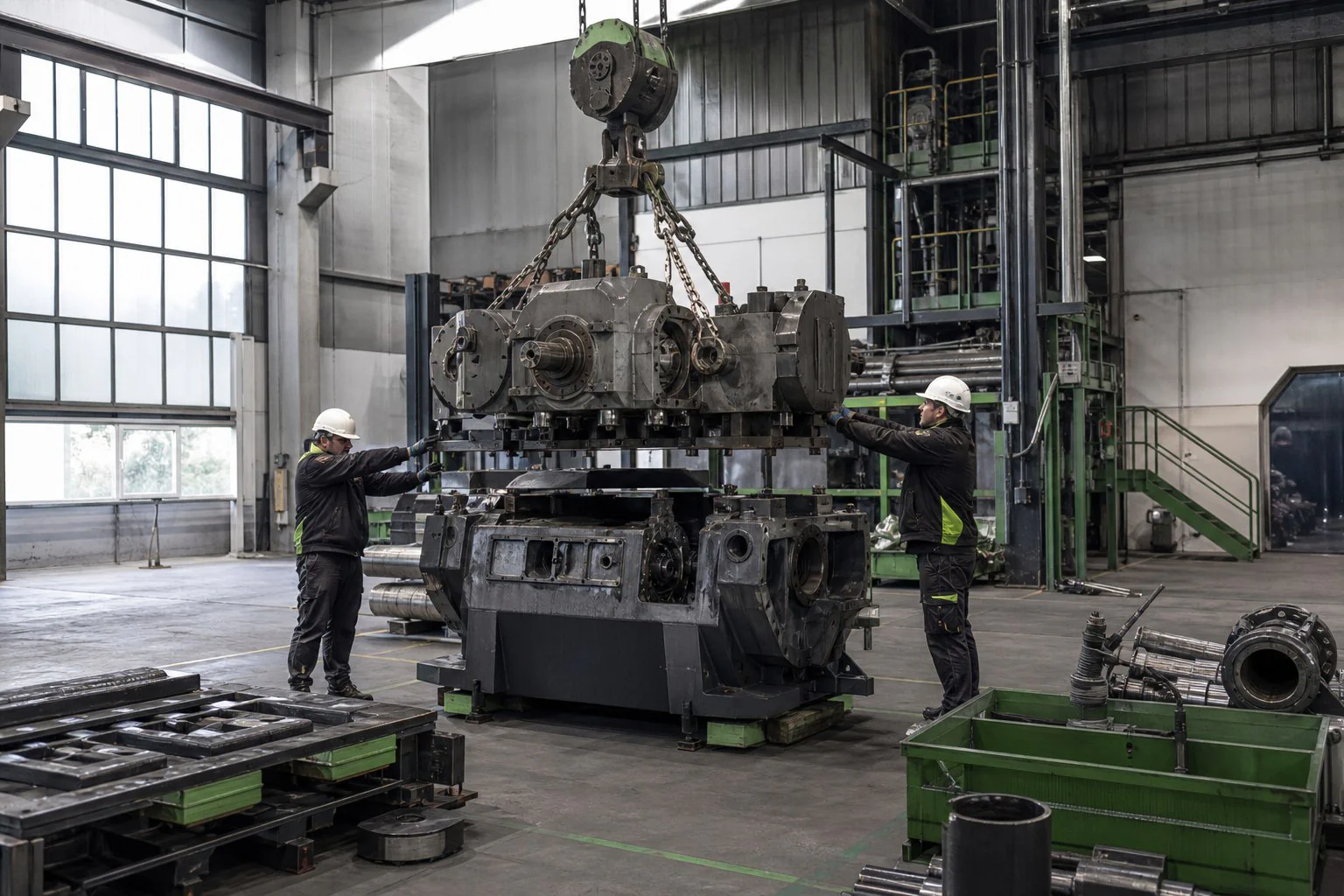 Zwei Arbeiter demontieren eine Industriemaschine mit einem Hallenkran