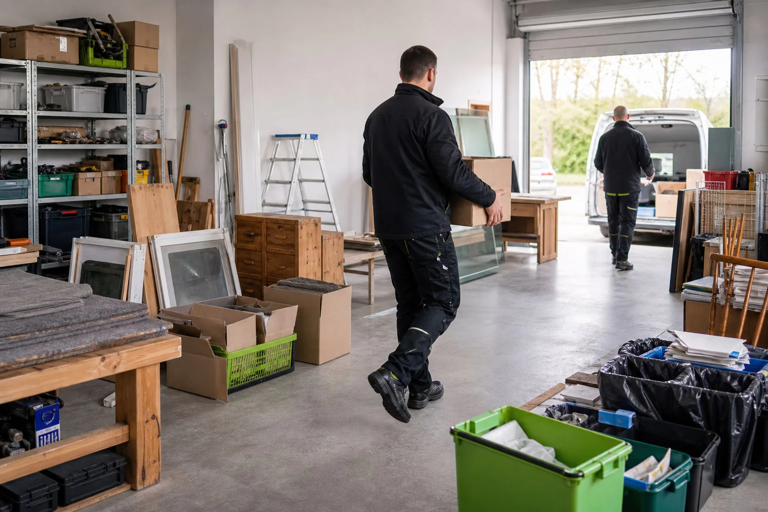 Zwei Personen tragen Kartons aus einem Lagerraum zu einem Transporter
